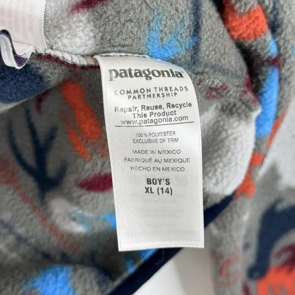 Patagonia Synchilla Jacket Boys XL 14 Animal Print Gray Fleece Snap Pullover